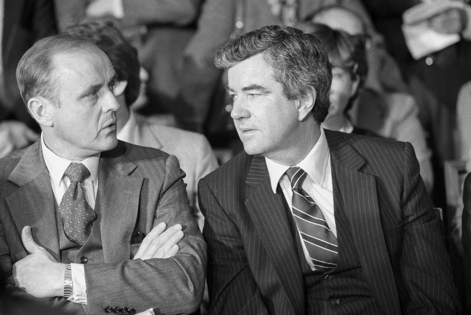 FILE - Secret Agent Jerry Parr, right, in charge of the White House Protective Detail, sits with Robert Burke, Deputy Director of the Secret Service at a Senate subcommittee in Washington on April 2, 1981, investigating the shooting of President Ronald Reagan. Parr shoved Reagan into the limousine when the shooting started. (AP Photo/Charles W. Harrity, File)