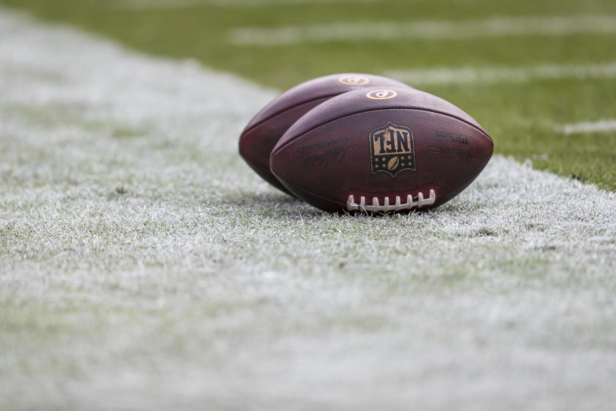 LANDOVER, MD - NOVEMBER 24: A detailed view of two official NFL footballs with Washington Redskins logos on the sidelines before the game between the Washington Redskins and the Detroit Lions at FedExField on November 24, 2019 in Landover, Maryland. (Photo by Scott Taetsch/Getty Images)