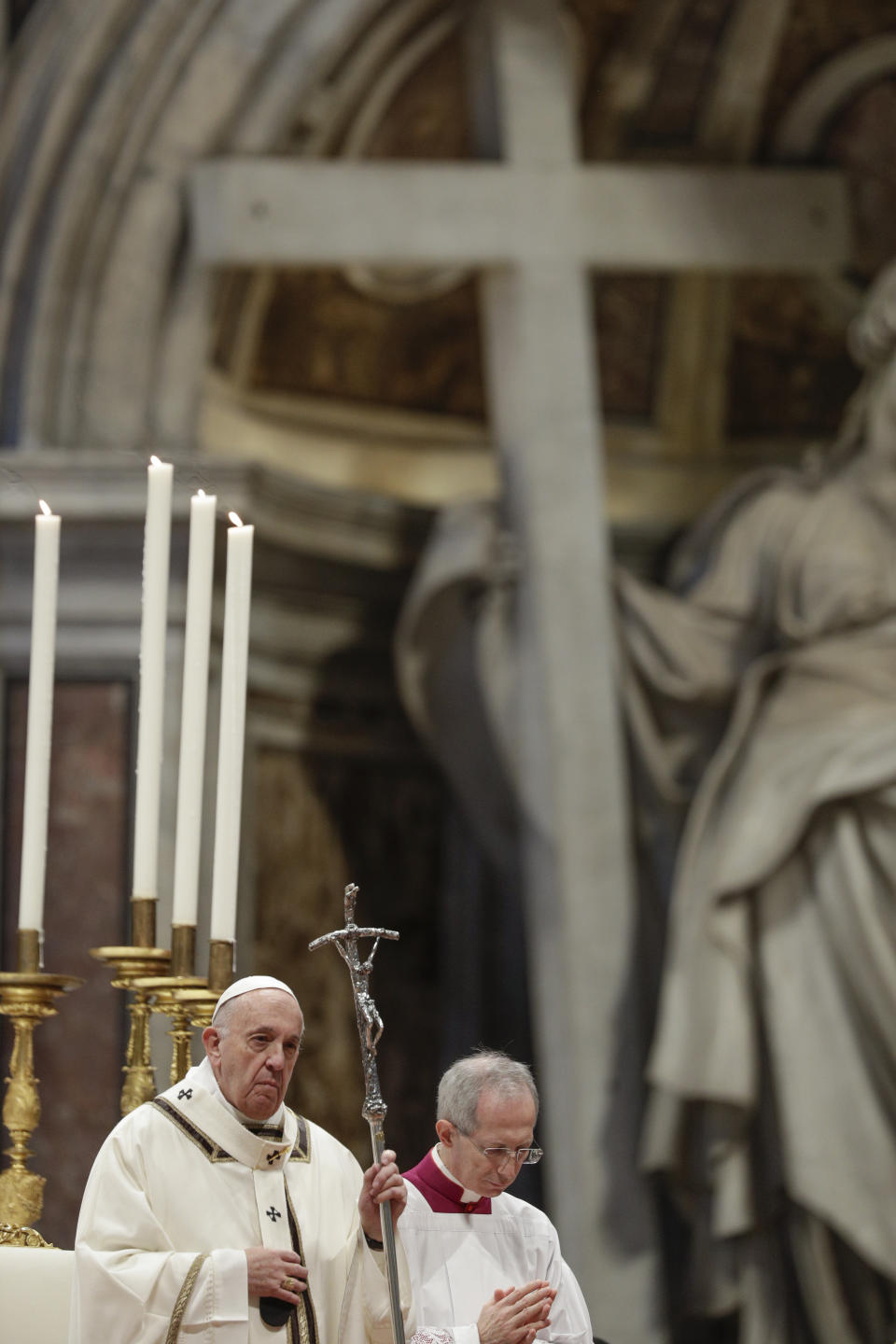 Pope Francis celebrates an Epiphany Mass in St. Peter's Basilica at the Vatican, Monday, Jan. 6, 2020. (AP Photo/Andrew Medichini)