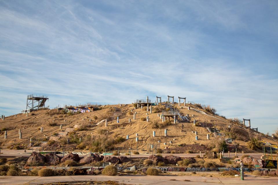 The water slides' old frameworks are all that remain at the abandoned site.