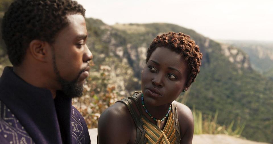 chadwick boseman as t'challa, lupita nyong'o as nakia, plack panther