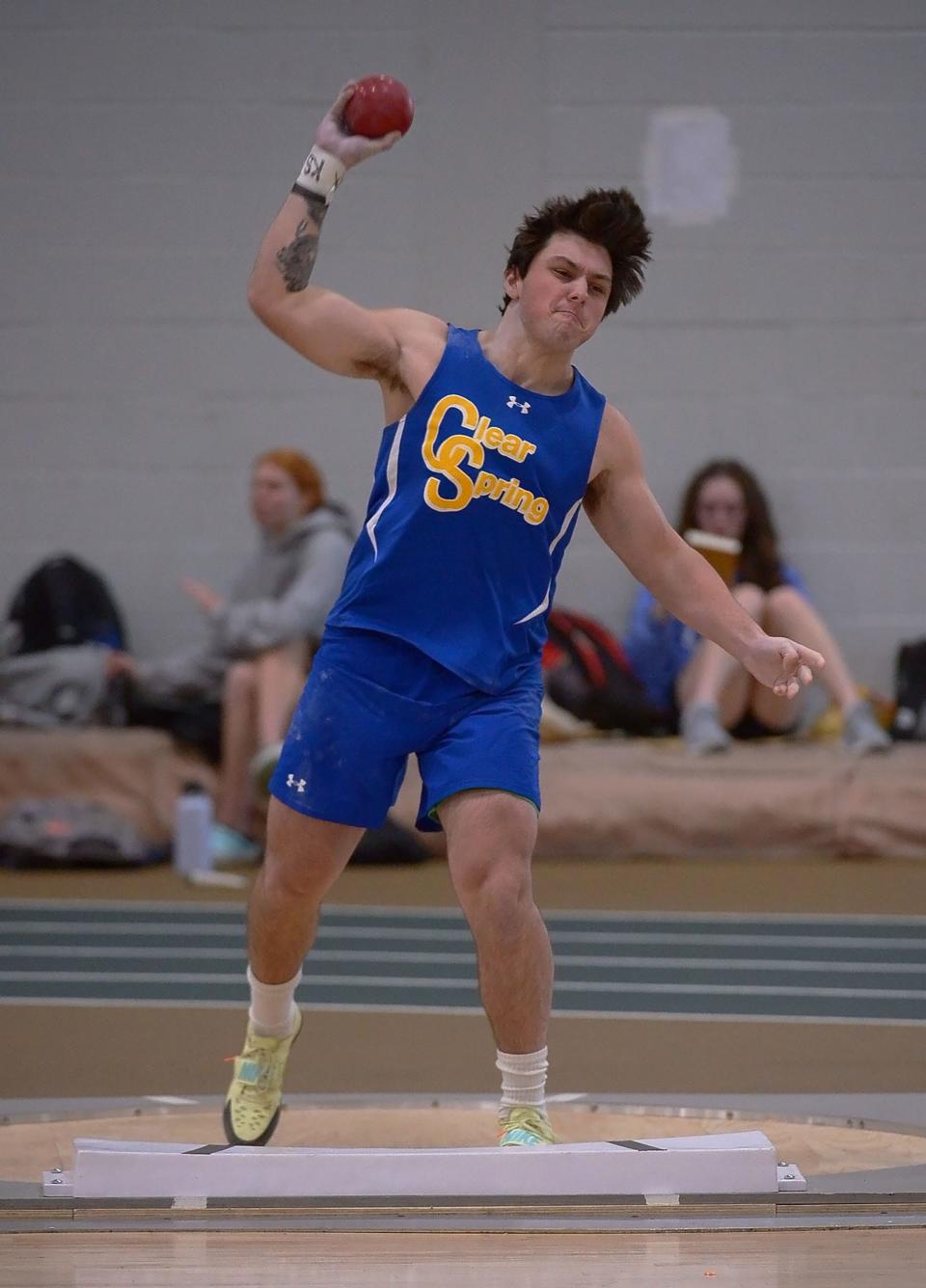 Clear Spring's Ryder Brown threw 44 feet, 1 inch to win the boys shot put during the Maryland Class 1A West Indoor Track & Field Championships on Saturday.