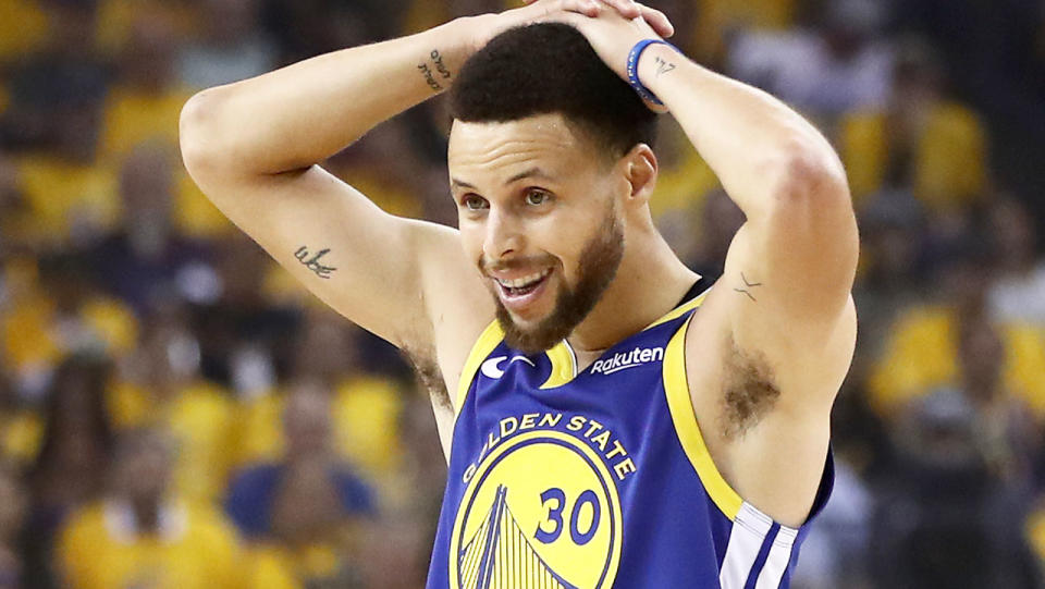 Steph Curry reacts after being called for a foul against the LA Clippers during Game Five. (Photo by Ezra Shaw/Getty Images)