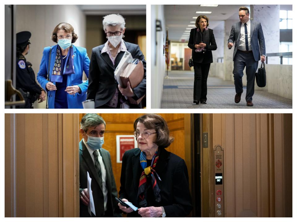 A briefcase-toting staffer chats with Democratic Sen. Dianne Feinstein of California while walking through the Hart building in December 2018; A file folder-clutching aide escorts Democratic Sen. Dianne Feinstein of California to a Senate Judiciary Committee hearing in October 2020; Chief of staff David Grannis holds the elevator open for Democratic Sen. Dianne Feinstein of California as she heads to a Senate floor vote in April 2021.