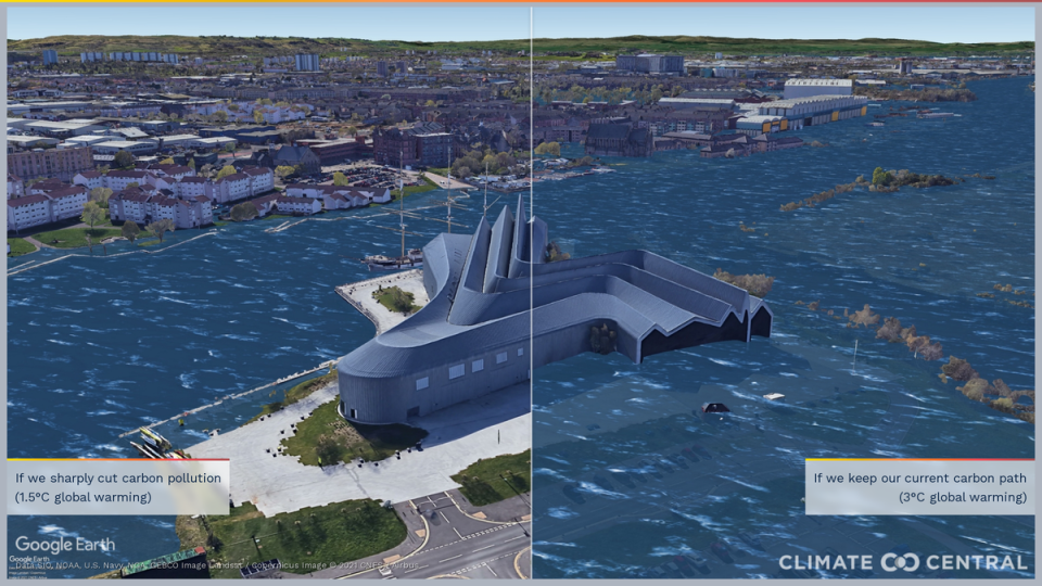 Water levels at the Glasgow Riverside Museum in Glasgow, United Kingdom if global warming hits 1.5C (left) or 3C (right). (Climate Central)