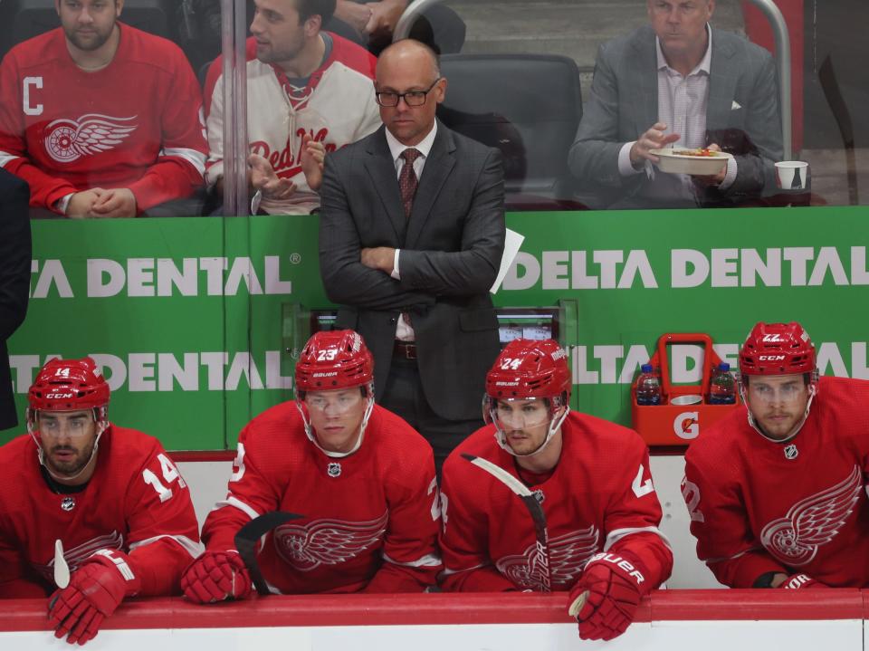 Detroit Red Wings head coach Jeff Blashill watches action against Tampa Bay Lightning at Little Caesars Arena Thursday, Oct. 14, 2021.