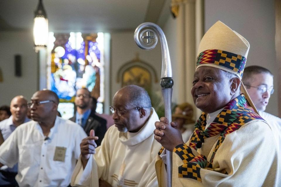 In this Sunday, June 2, 2019, file photo, Washington D.C. Archbishop Wilton Gregory arrives to applause at St. Augustine Church for Sunday mass in Washington. AP Photo/Andrew Harnik, File)