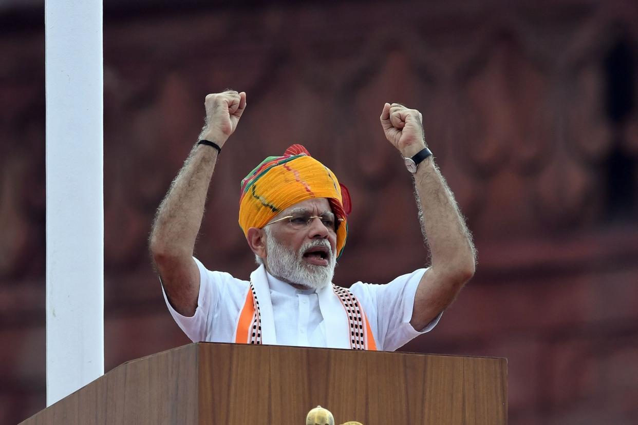 India's Narendra Modi delivers a speech to the nation during a ceremony to celebrate the country's Independence Day: AFP/Getty Images