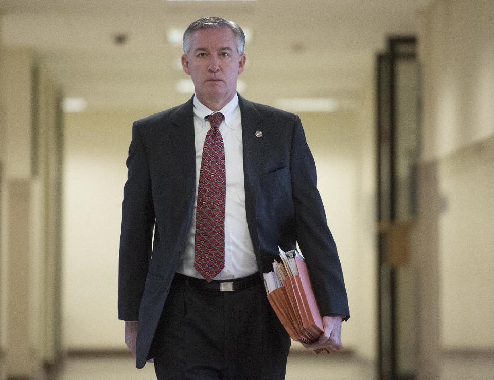 Montgomery County District Attorney Kevin Steele arrives for a pretrial hearing for Bill Cosby's sexual assault case at the Montgomery County Courthouse in Norristown, Pa., Wednesday, Dec. 14, 2016. Cosby is charged with sexually assaulting one woman in 2004, but prosecutors are hoping to call 13 other accusers to testify at his spring trial. (Chloe Elmer /Bucks County Courier Times via AP, Pool)