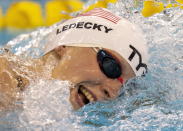 FILE - Katie Ledecky, of the United States, competes in the women's 1500-meter freestyle at the FINA Swimming World Cup meet in Toronto, Saturday, Oct. 29, 2022. The American swimmer turned in another stellar performance at the world championships, set a pair of world records, and capped 2022 as The Associated Press Female Athlete of the Year by a panel of 40 sports writers and editors from news outlets across the country. (Frank Gunn/The Canadian Press via AP, File)