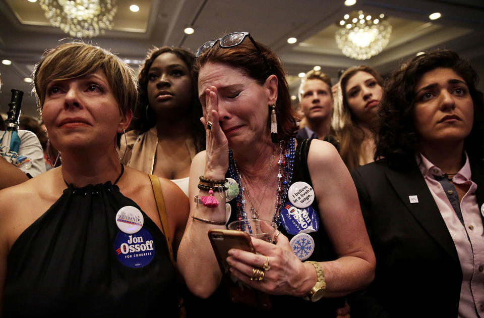 <p>Supporter Jan Yanes, center, cries as Democratic candidate for 6th congressional district Jon Ossoff concedes to Republican Karen Handel at his election night party in Atlanta, Tuesday, June 20, 2017. (Photo: David Goldman/AP) </p>