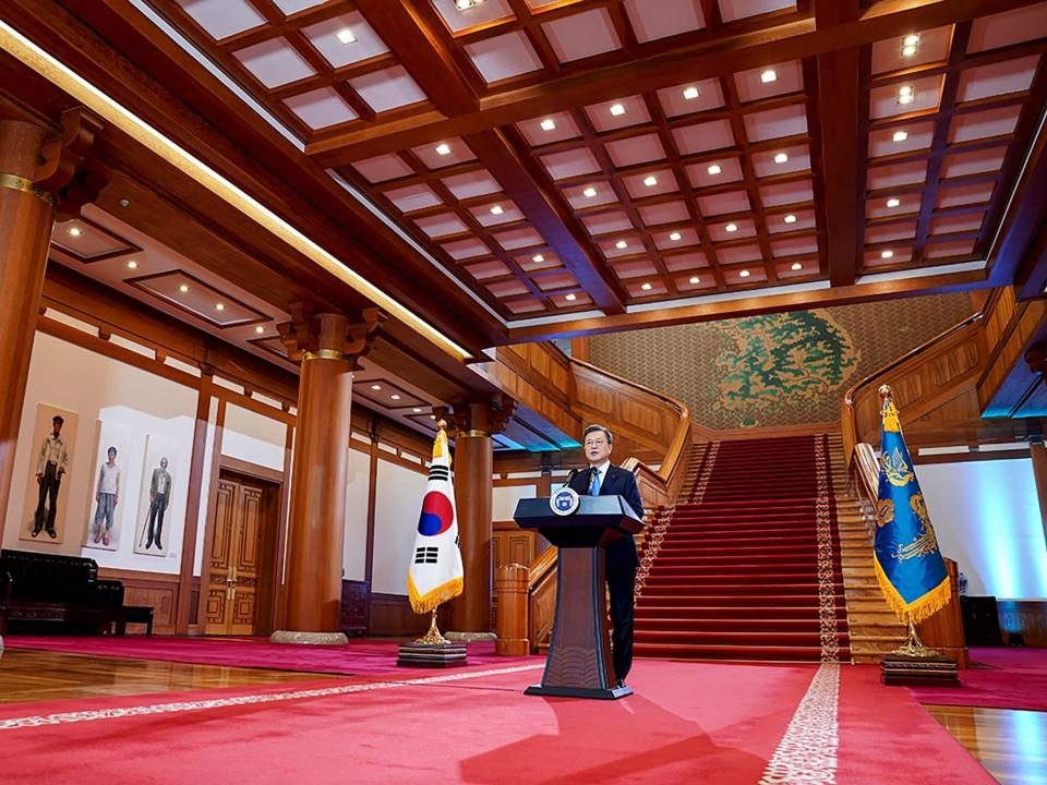 Former South Korean President Moon Jae-in speaks during his New Year's speech at the presidential Blue House on January 11, 2021 in Seoul, South Korea.