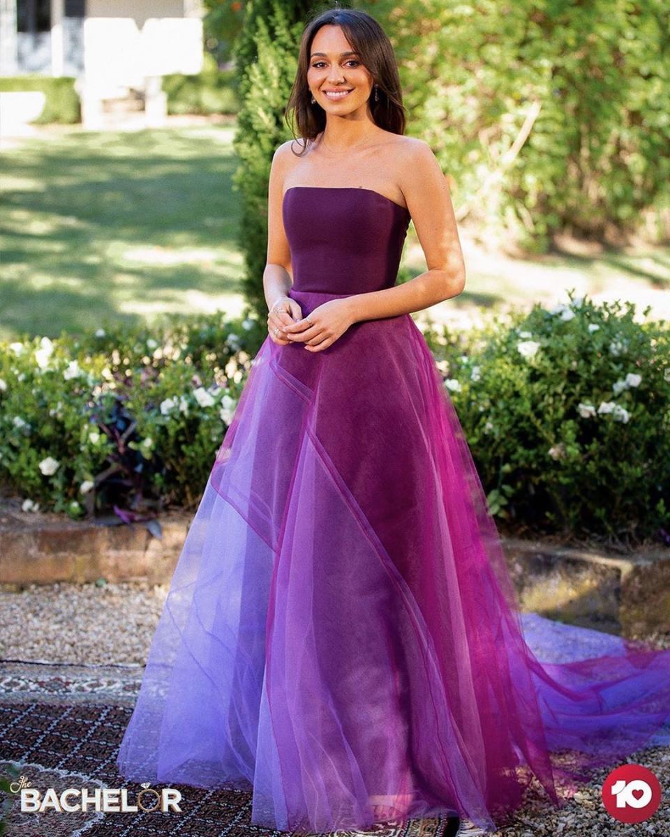 Bella Varelis wearing a purple gown in The Bachelor 2020 Australia finale