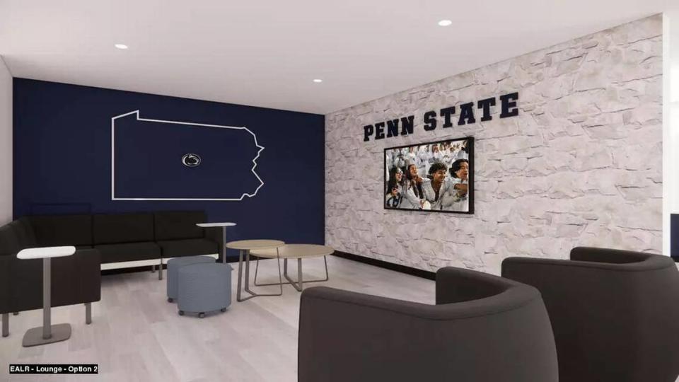 A rendering of a lounge in the East Area Locker Room is pictured.