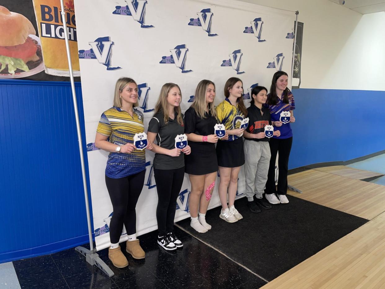 The Section V composite team is comprised of the six highest bowling averages. From left to right: Samantha Czerw (Spencerport), Sadie Erb (Canandaigua), Aurora Yantz (Rush-Henrietta), Leah Burke (Wayne), Isabella Ferraro (Hilton) and Rainah Roos (Fairport).