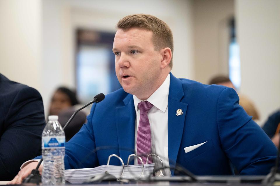 Kentucky Rep. Jared Bauman, R-Louisville, speaks to the Senate Committee about House Bill 5, the Safer Kentucky Act, on March 14, 2024, in the Capitol Annex in Frankfort.