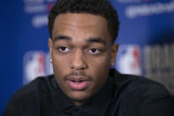 PJ Washington, a sophomore basketball player from Kentucky, attends the NBA Draft media availability, Wednesday, June 19, 2019, in New York. The draft will be held Thursday, June 20. (AP Photo/Mark Lennihan)