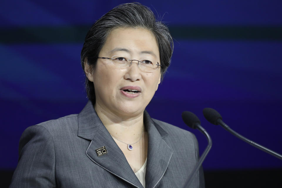 FILE - In this May 1, 2019 photo, Lisa Su, president and CEO of AMD, attends the opening bell at Nasdaq, in New York. The typical pay package for CEOs at the biggest U.S. companies topped $12.3 million in 2019, and the gap between the boss and their workforces widened further, according to AP’s annual survey of executive compensation.    (AP Photo/Mark Lennihan, File)