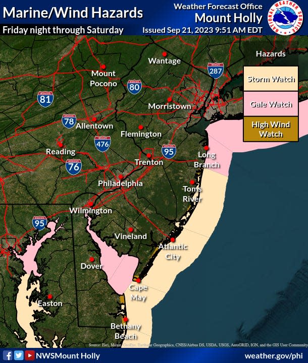 Graphic of expected coastal storm surges and weather conditions from Friday through Saturday. The National Weather Service in Mount Holly forecasts a stormy weekend that may impact outdoor festivals throughout Bucks County.