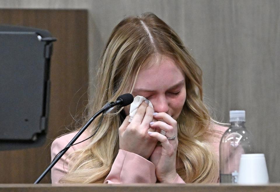 Maya Kowalski now, 17, took the stand for better part of the day as it was a emotional roller coaster to talk about her mother's death during court on Monday, Oct. 9, 2023 at the South County Courthouse in Venice, Florida. The Kowalski family is suing the hospital on several counts, including false imprisonment, negligent infliction of emotional distress, medical negligence, and battery, among other claims. The family initially sued the hospital, social worker Catherine Bedy and others in October 2018, more than a year after Beata Kowalski took her life after being separated from her daughter due to child abuse allegations. Pool photo/Thomas Bender/Sarasota Herald-Tribune Pool Photo/Thomas Bender
