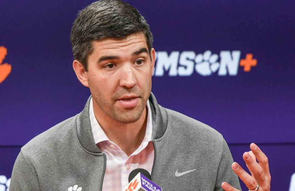 Clemson Director of Athletics Graham Neff speaks in the Smart Family Media Center at the Smart Family Media Center at the Poe Indoor Practice Facility in Clemson, S.C. Tuesday, Nov 21, 2023.