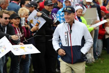 Sep 28, 2016; Chaska, MN, USA; Team USA vice-captain Jim Furyk walks to the 16th tee during the practice round for the Ryder Cup at Hazeltine National Golf Club. Mandatory Credit: Rob Schumacher-USA TODAY Sports