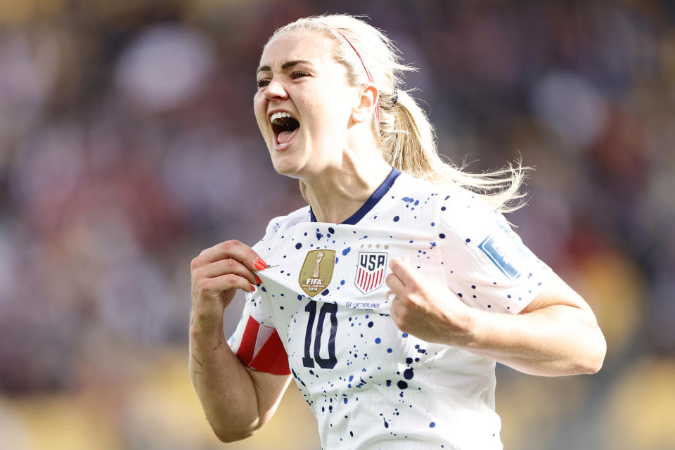 WELLINGTON, NEW ZEALAND - JULY 27: Lindsey Horan #10 of the United States celebrates scoring during the second half against the Netherlands during the FIFA Women's World Cup Australia &amp; New Zealand 2023 Group E match at Wellington Regional Stadium on July 27, 2023 in Wellington, New Zealand. (Photo by Carmen Mandato/USSF/Getty Images)