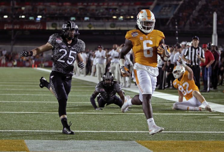 Alvin Kamara is one of the intriguing prospects still available after day one of the draft. (AP)