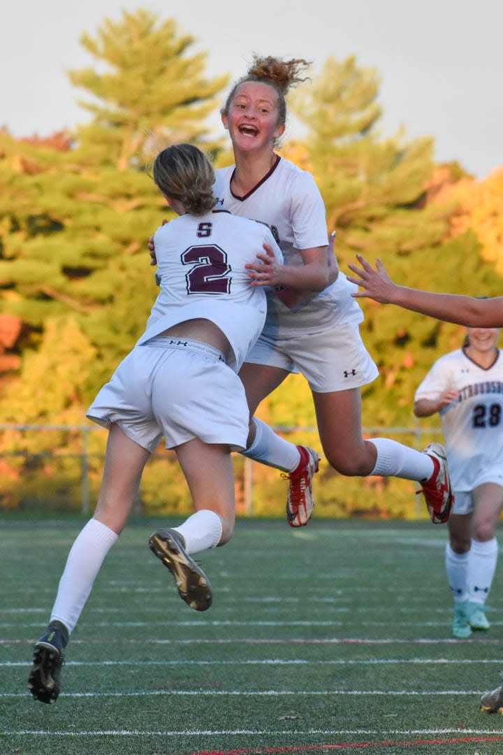 Stroudsburg soccer players Jules Bone (left) and Amelia Nieman (right) celebrate Nieman's goal against Pocono Mountain Westin Swiftwater on Wednesday, Oct. 28, 2021. Nieman's goal sent the game into extra time tied 2-2, but Stroudsburg lost in the penalty shootout.