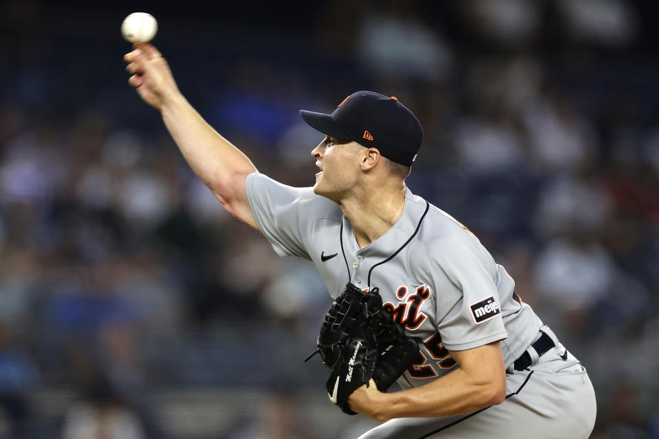 Detroit Tigers pitcher Matt Manning throws against the New York Yankees during the first inning of a baseball game Wednesday, Sept. 6, 2023, in New York. (AP Photo/Adam Hunger)