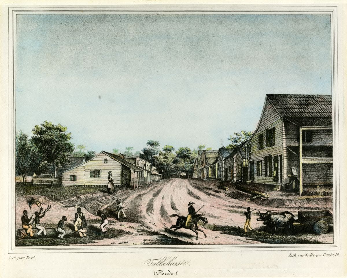 Lithograph looking east on Jefferson from Adams Street in 1839. The building to the right was the Planter's Inn, which burned to the ground in the 1843 fire.