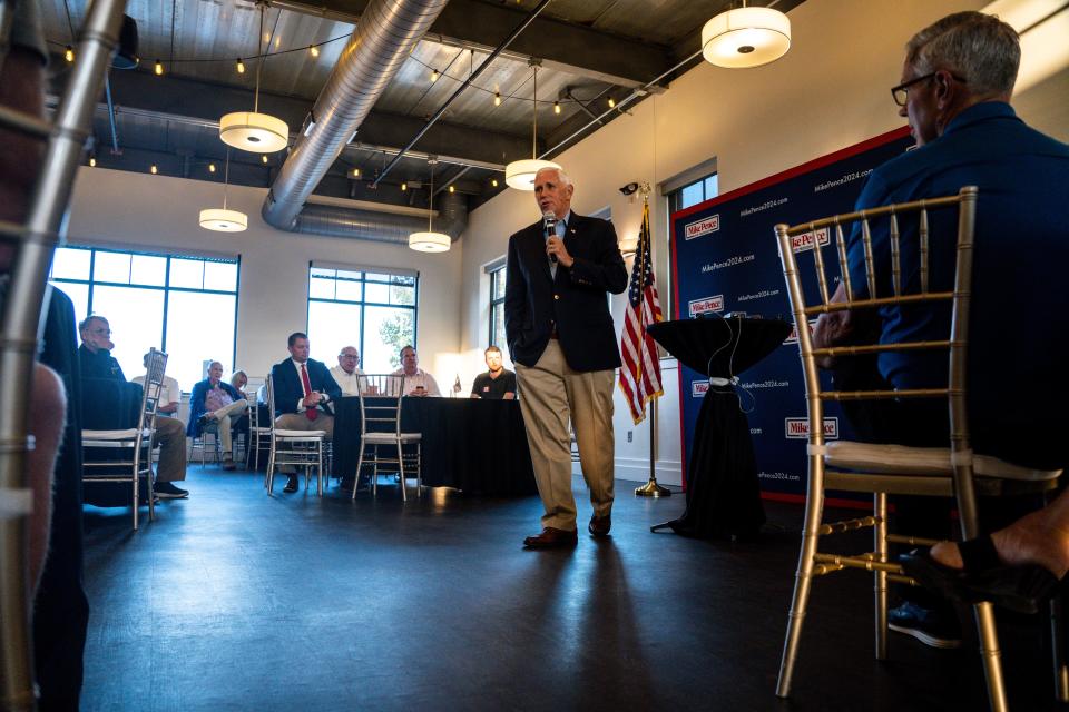 GOP presidential candidate Mike Pence speaks during a meeting of the Northside Conservatives Club at The District Venue on Wednesday, August 30, 2023 in Ankeny.
