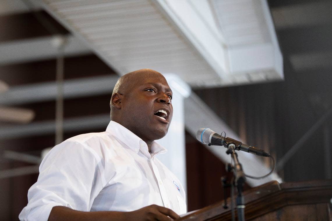 Democratic Chair Colmon Elridge speaks before U.S. Senate candidate Charles Booker during the 142nd annual St. Jeromes Fancy Farm Picnic before politicians deliver speeches in Fancy Farm, Ky., Saturday, August 6, 2022.