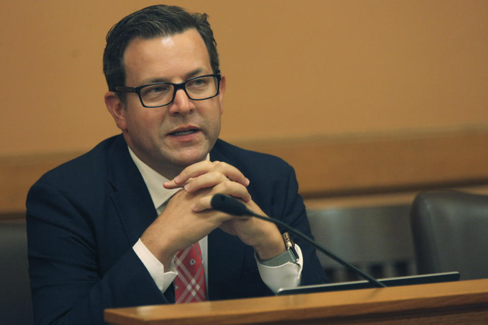 Kansas state Sen. J.R. Claeys, R-Salina, tries to persuade fellow GOP senators in a meeting to support a proposal aimed at luring the Super Bowl champion Kansas City Chiefs from Missouri, Tuesday, June 18, 2024, at the Statehouse in Topeka, Kansas. The proposal would authorize state bonds to help finance new stadiums in Kansas for the Chiefs and Major League Baseball's Kansas City Royals. (AP Photo/John Hanna)