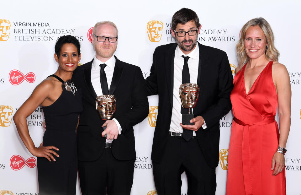 Naga Munchetty, Aaron Fellowes, Louis Theroux and Sophie Rayworth in the press room during the Virgin Media BAFTA TV awards, held at the Royal Festival Hall in London. Photo credit should read: Doug Peters/EMPICS