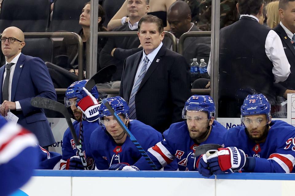 Oct 16, 2023; New York, New York, USA; New York Rangers head coach Peter Laviolette coaches against the Arizona Coyotes during the third period at Madison Square Garden.