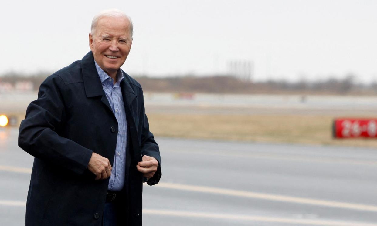 <span>President Biden departs Philadelphia international airport for a campaign trip to Georgia, on 9 March 2024.</span><span>Photograph: Evelyn Hockstein/Reuters</span>