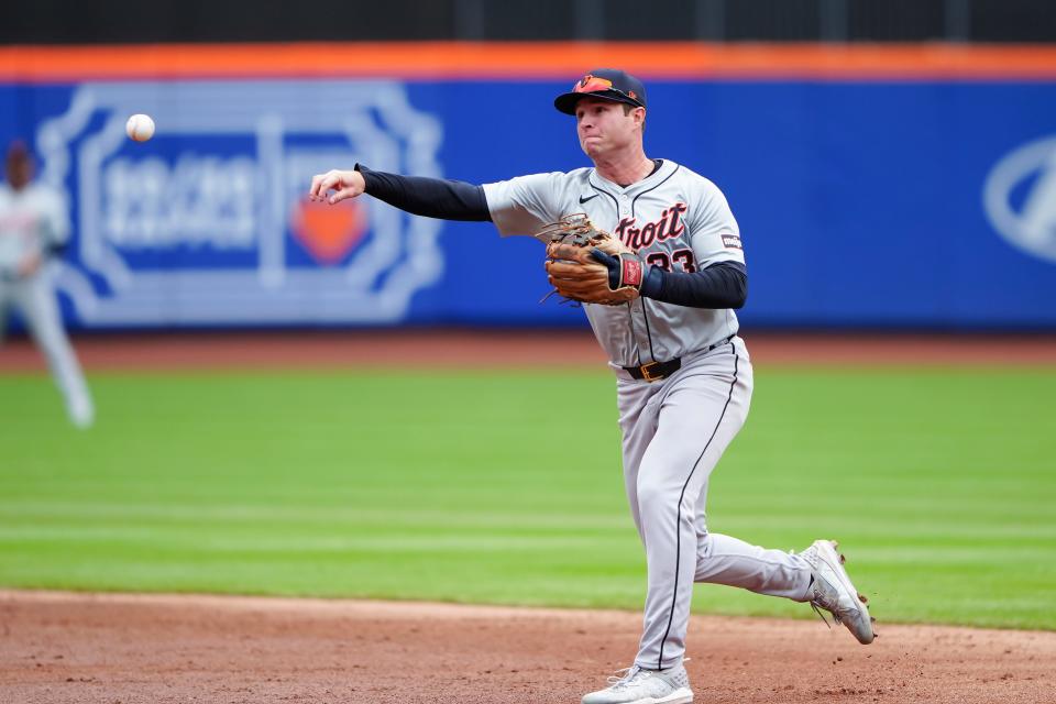 Apr 4, 2024; New York City, New York, USA; Detroit Tigers second baseman Colt Keith (33) throws out New York Mets left fielder Brandon Nimmo after fielding a ground ball during the third inning at Citi Field in New York on Thursday, April 4, 2024.