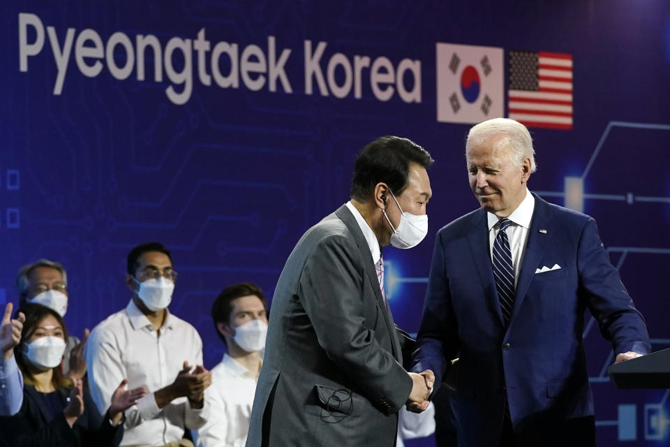 President Joe Biden and South Korean President Yoon Suk Yeol deliver remarks as they vist the Samsung Electronics Pyeongtaek campus, Friday, May 20, 2022, in Pyeongtaek, South Korea. (AP Photo/Evan Vucci)