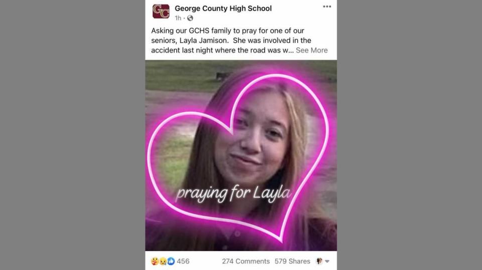 George County High School posted this photo of senior Layla Jamison on Facebook on Tuesday, Aug. 31, 2021, and asked for prayers. Jamison was critically injured after the collapse of a portion of Mississippi Highway 26. Facebook