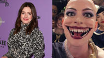 Hathaway boasts a bald head and a Joker-esque smile within a supernaturally-extended maw in her performance as the terrifying Grand High Witch in Robert Zemeckis's adaptation of Roald Dahl novel <em>The Witches</em>. <a href="https://uk.movies.yahoo.com/anne-hathaway-terrifying-the-witches-role-132819458.html" data-ylk="slk:Nightmare fuel;elm:context_link;itc:0;sec:content-canvas;outcm:mb_qualified_link;_E:mb_qualified_link;ct:story;" class="link  yahoo-link">Nightmare fuel</a>, for sure.(Credit: George Pimentel/Getty/Warner Bros)