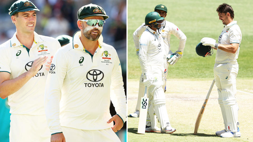 Pat Cummins, Nathan Lyon and Mitch Marsh in the first cricket Test.