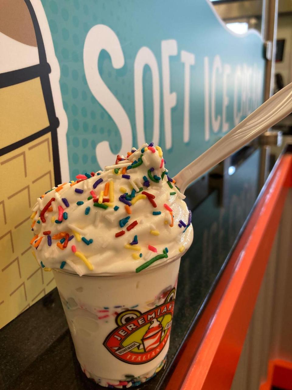 A soft-serve vanilla cone with sprinkles at Jeremiah’s Italian Ice in Warner Robins. The new store opens Tuesday at 810 Ga. 96, Suite 2200, in the Century Market Plaza Phase II in Warner Robins.