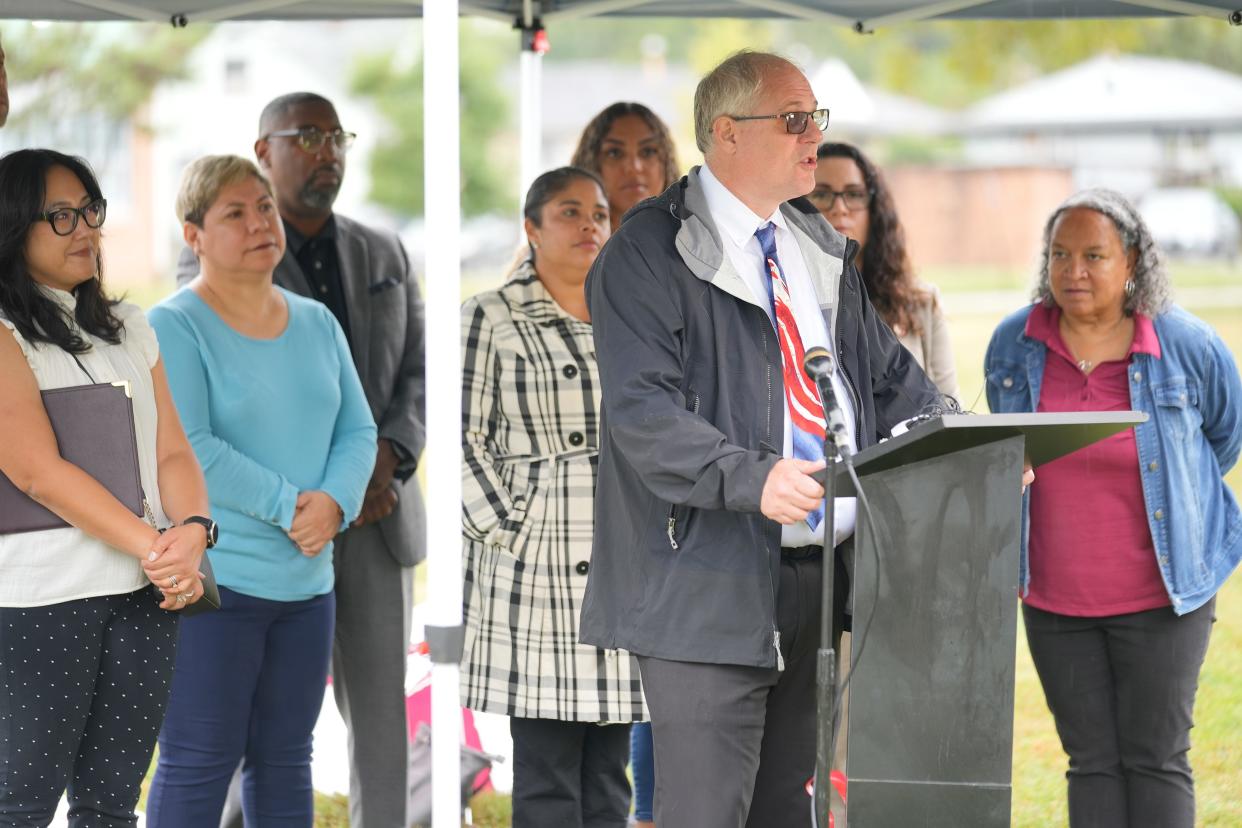 Sep 12, 2023; Columbus, Ohio, USA; Columbus Education Association President John Coneglio speaks during a press conference in front of Hamilton Stem Academy. Coneglio was speaking in support of the Columbus City School Levy that will be on the ballot this November. 