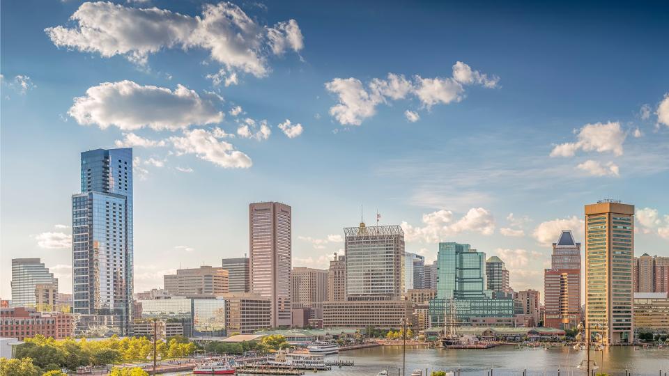 A panoramic view of Baltimore harbor in the afternoon from the Federal Hill Park.