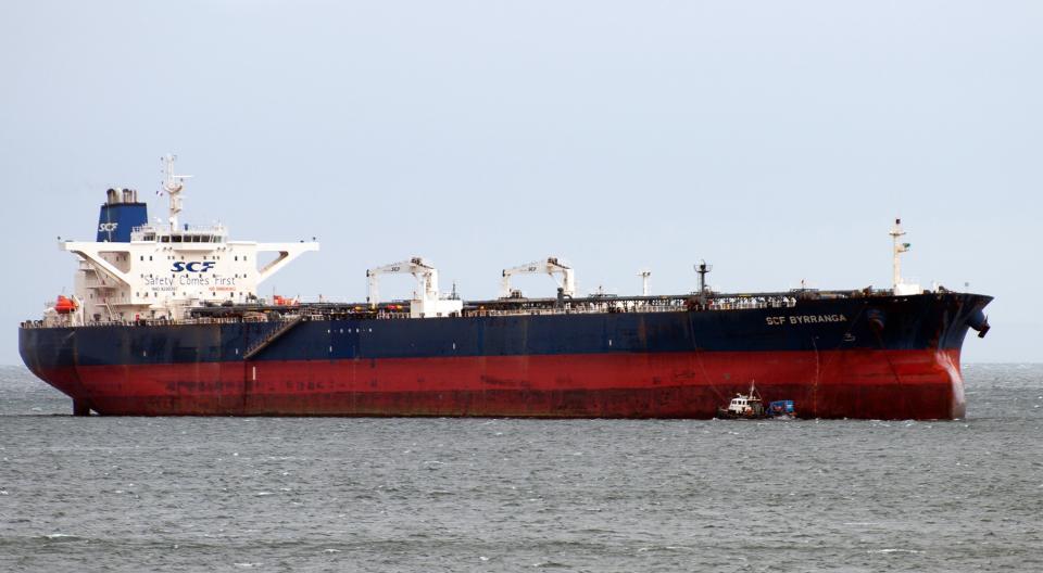 The oil tanker SCF Byrranga, which was renamed the United Kalavryta (also known as United Kalavrvta) in March 2014 and is currently off the coast of Texas with a cargo of Kurdish crude oil, is seen off the Isle of Arran, Scotland in this handout photo taken February 21, 2014. A high-stakes dispute over a tanker carrying $100 million in Iraqi Kurdish crude took a surprising turn on July 29, 2014 when a U.S. judge said she lacked jurisdiction given the ship's distance from the Texas shore and urged that the case be settled in Iraq. Federal magistrate Nancy K. Johnson said that because the tanker was some 60 miles (100 km) offshore, and outside territorial waters, an order she issued late on Monday for U.S. Marshals to seize the cargo could not be enforced. REUTERS/Tom Duncan/Handout via Reuters (BRITAIN - Tags: ENERGY TRANSPORT BUSINESS) ATTENTION EDITORS - NO SALES. NO ARCHIVES. FOR EDITORIAL USE ONLY. NOT FOR SALE FOR MARKETING OR ADVERTISING CAMPAIGNS. THIS PICTURE WAS PROVIDED BY A THIRD PARTY. REUTERS IS UNABLE TO INDEPENDENTLY VERIFY THE AUTHENTICITY, CONTENT, LOCATION OR DATE OF THIS IMAGE. THIS PICTURE IS DISTRIBUTED EXACTLY AS RECEIVED BY REUTERS, AS A SERVICE TO CLIENTS