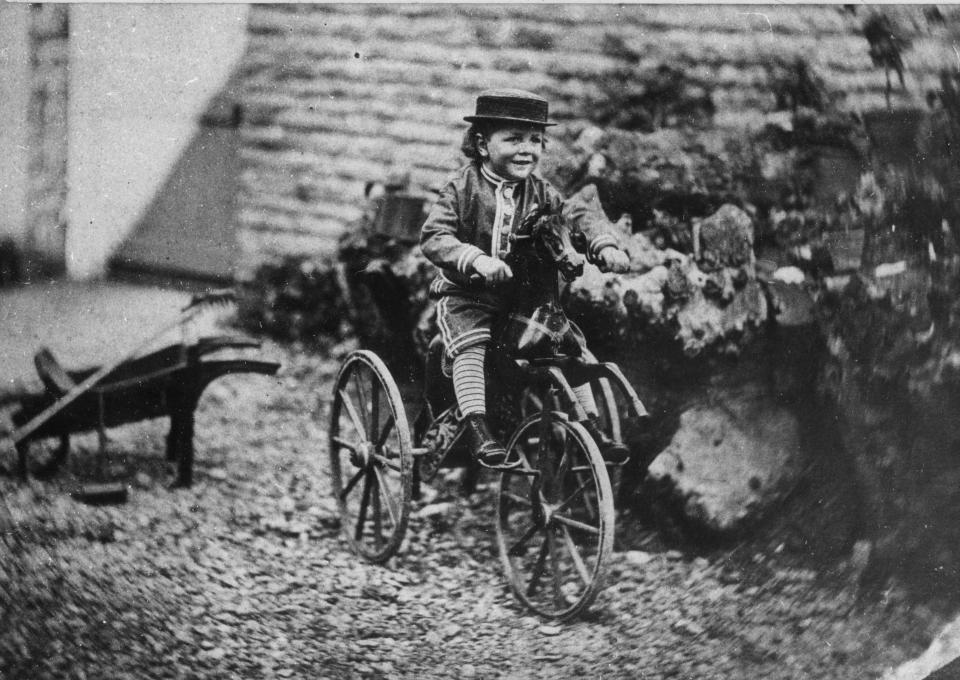 1870:  A child on a toy horse on wheels.  (Photo by Hulton Archive/Getty Images)