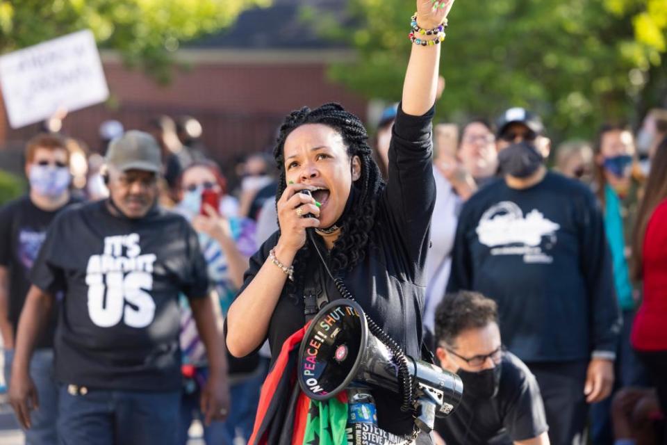 Protesters gather outside the Pasquotank county sheriff’s Office to call for the release of the body cam footage of the police killing of Andrew Brown in Elizabeth City, 26 April.