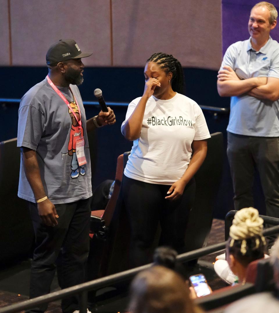 "Water is a Different Ballgame" producer Shawntay Alexander, right, gets emotional as director James "Video Hero" Ridley talks about the short documentary after a screening at the Harkins Theater during the opening day of the deadCenter Film Festival in Oklahoma City, Thursday, June 8, 2023.