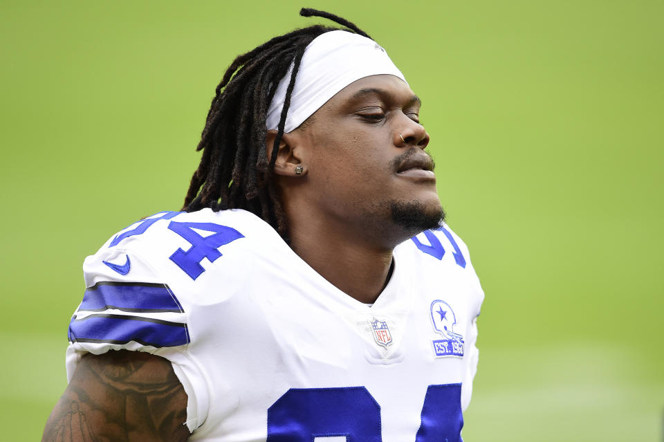 LANDOVER, MARYLAND - OCTOBER 25: Defensive end Randy Gregory #94 of the Dallas Cowboys looks on before playing the Washington Football Team at FedExField on October 25, 2020 in Landover, Maryland. (Photo by Patrick McDermott/Getty Images)